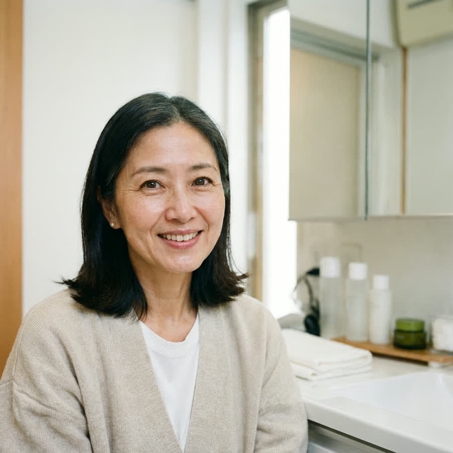 Emiko at her small white bathroom vanity in Tokyo