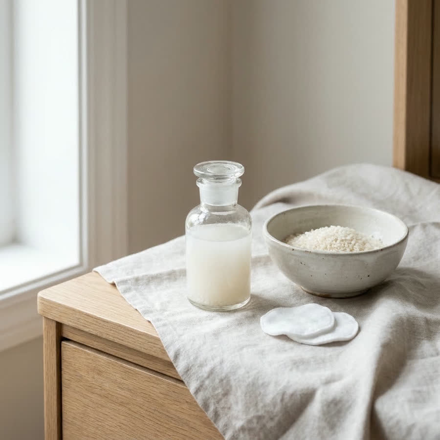 A glass bottle of cloudy rice water beside a bowl of rinsed rice